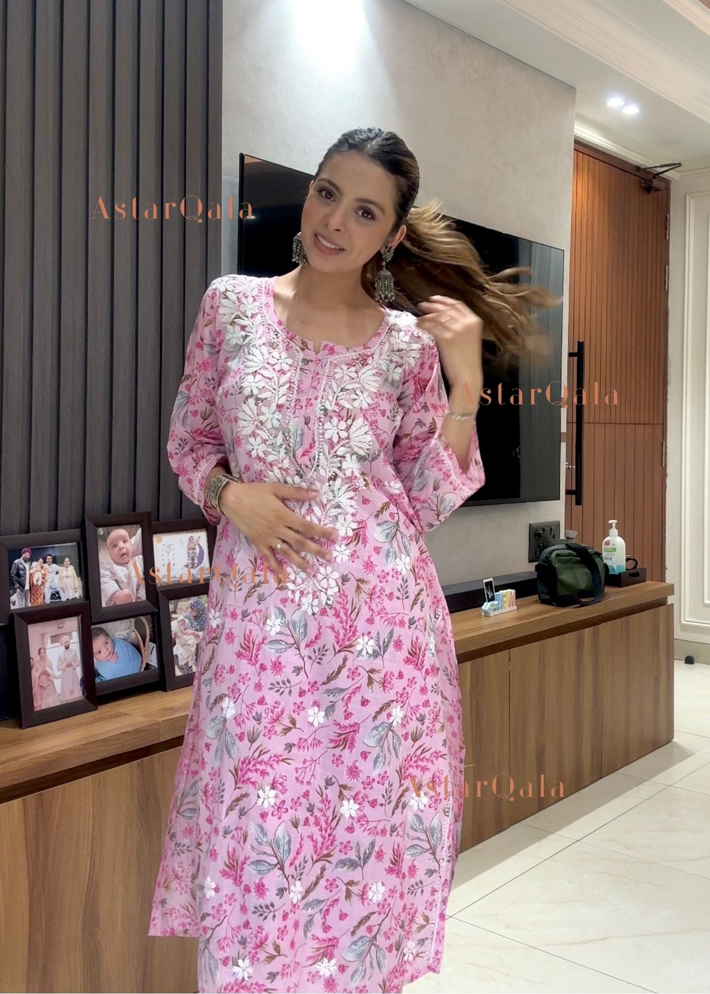 AstarQala - Farheen Mulmul Floral Printed Chikankari Kurti For Women's - Pink - 446