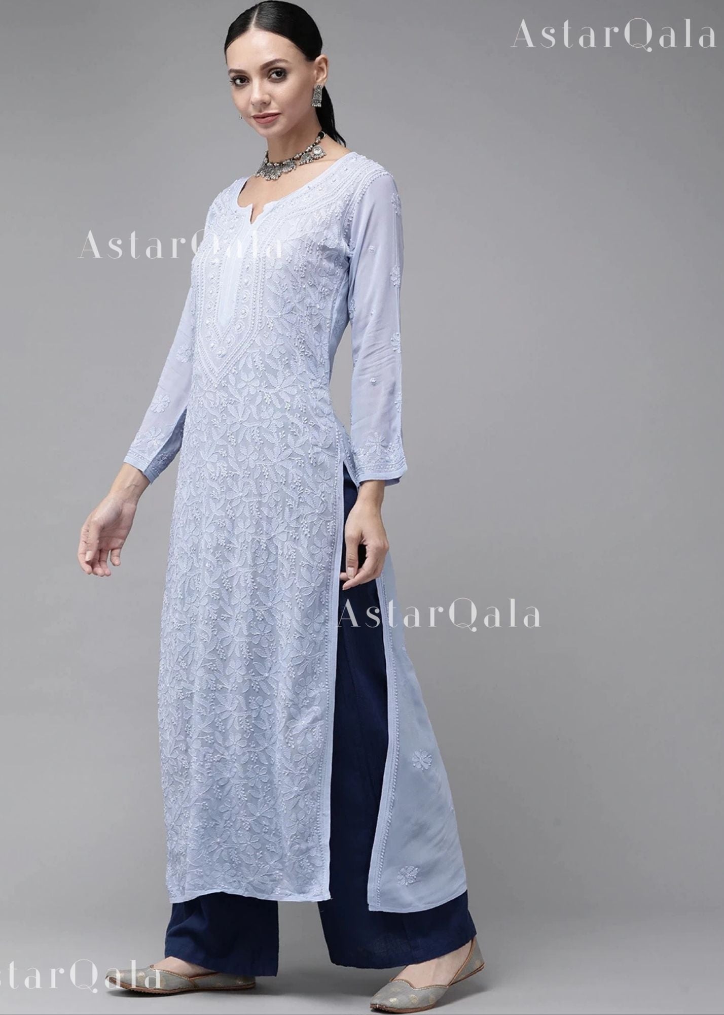 AstarQala - Sada Premium Viscose Georgette Long Lucknowi Chikankari Kurti For Women - - 464