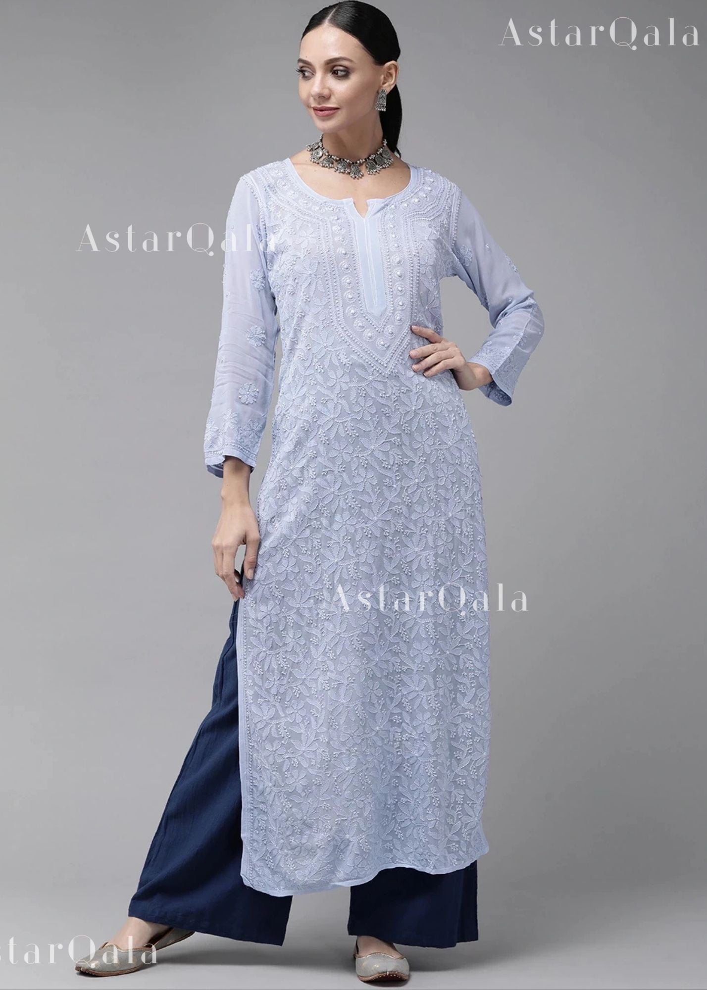 AstarQala - Sada Premium Viscose Georgette Long Lucknowi Chikankari Kurti For Women - - 465