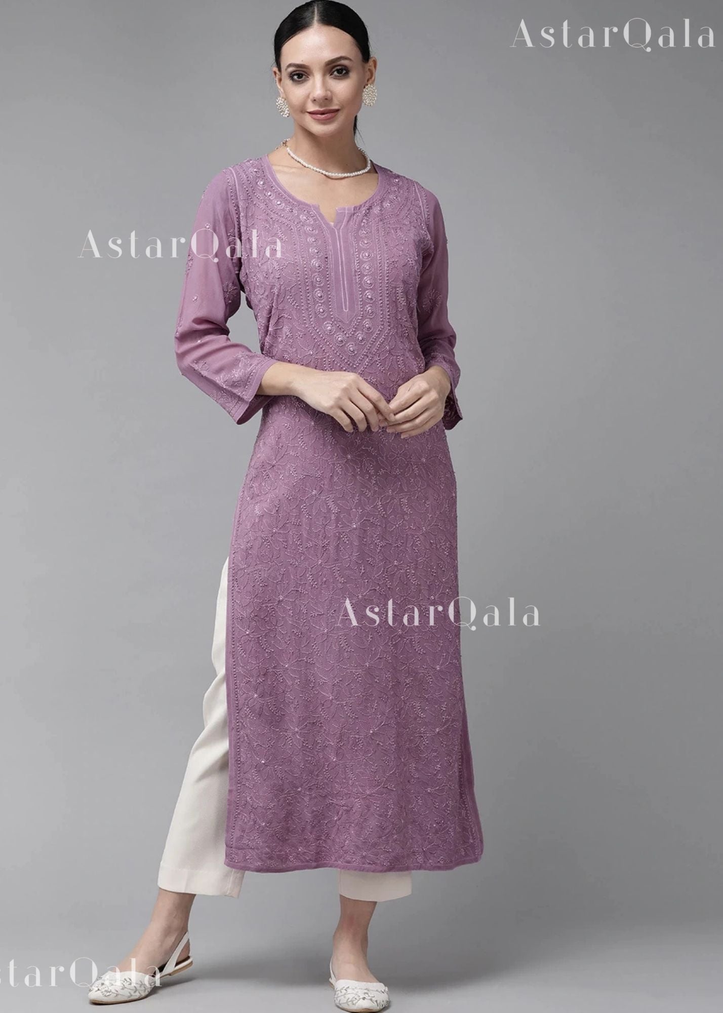 AstarQala - Sada Premium Viscose Georgette Long Lucknowi Chikankari Kurti For Women - Lilac - 473_4ec2ae05-2299-461c-b7dd-f478b9edf9c2