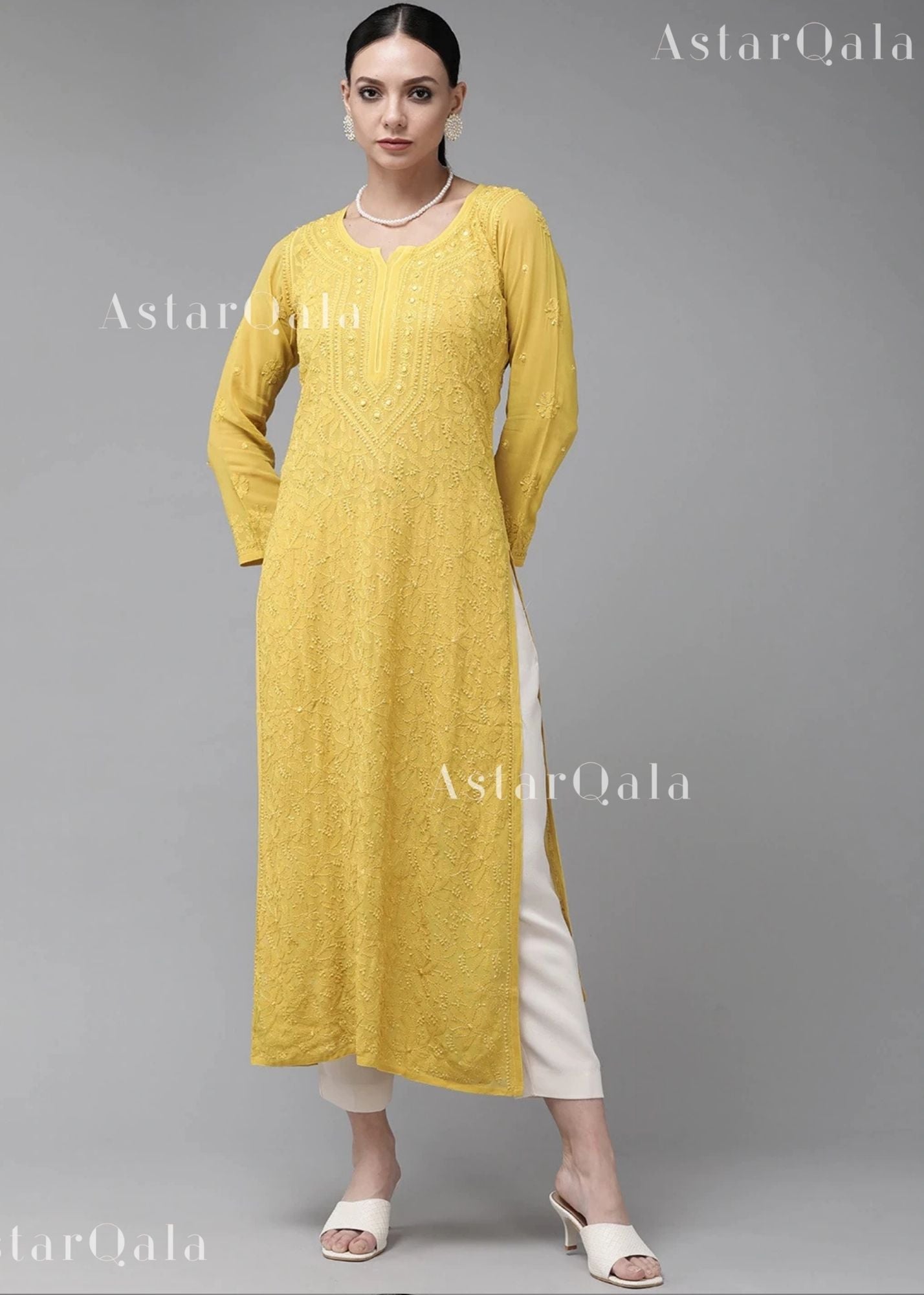 AstarQala - Sada Premium Viscose Georgette Long Lucknowi Chikankari Kurti For Women - Yellow - 476_e2fb5bff-2d0b-4b0c-9d14-a4c3e301c1a8