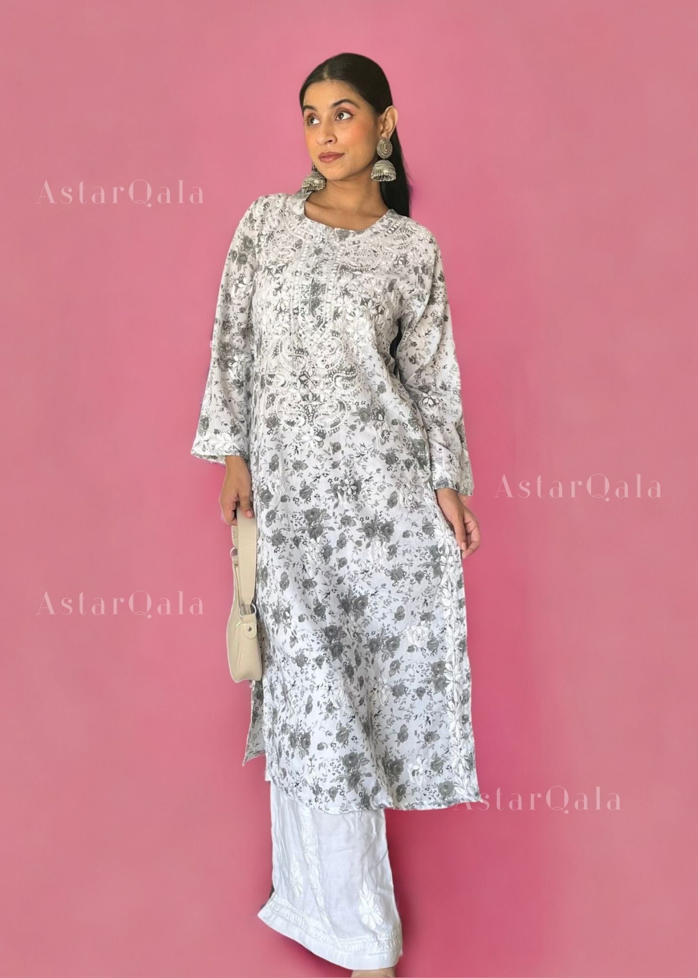 Zoya Mulmul Chikankari Printed Women&#39;s Kurta - Grey