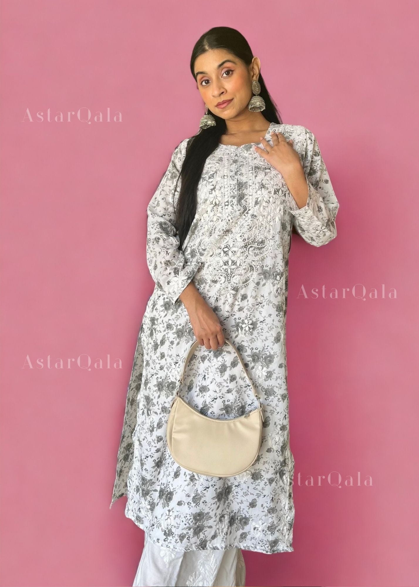 Zoya Mulmul Chikankari Printed Women&#39;s Kurta - Grey
