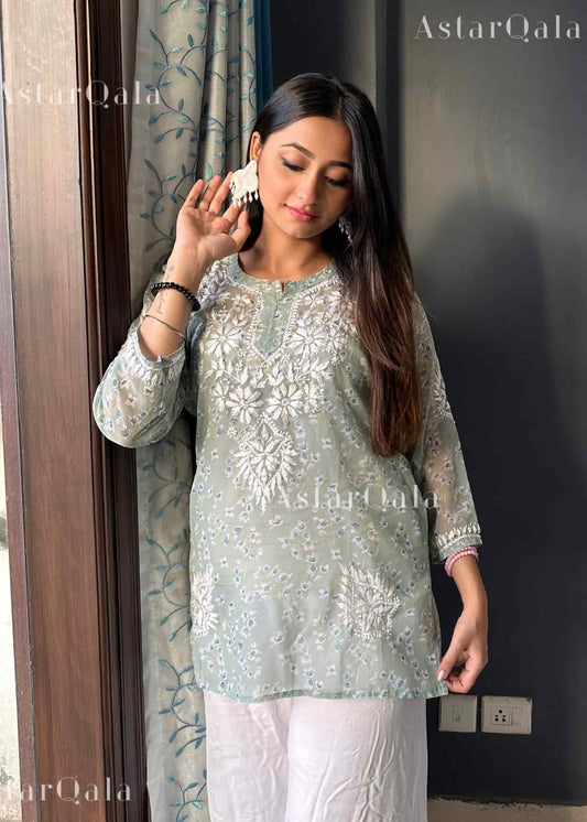 Aiish Straight Chiffon Chikankari Printed Short Kurta Top For Women