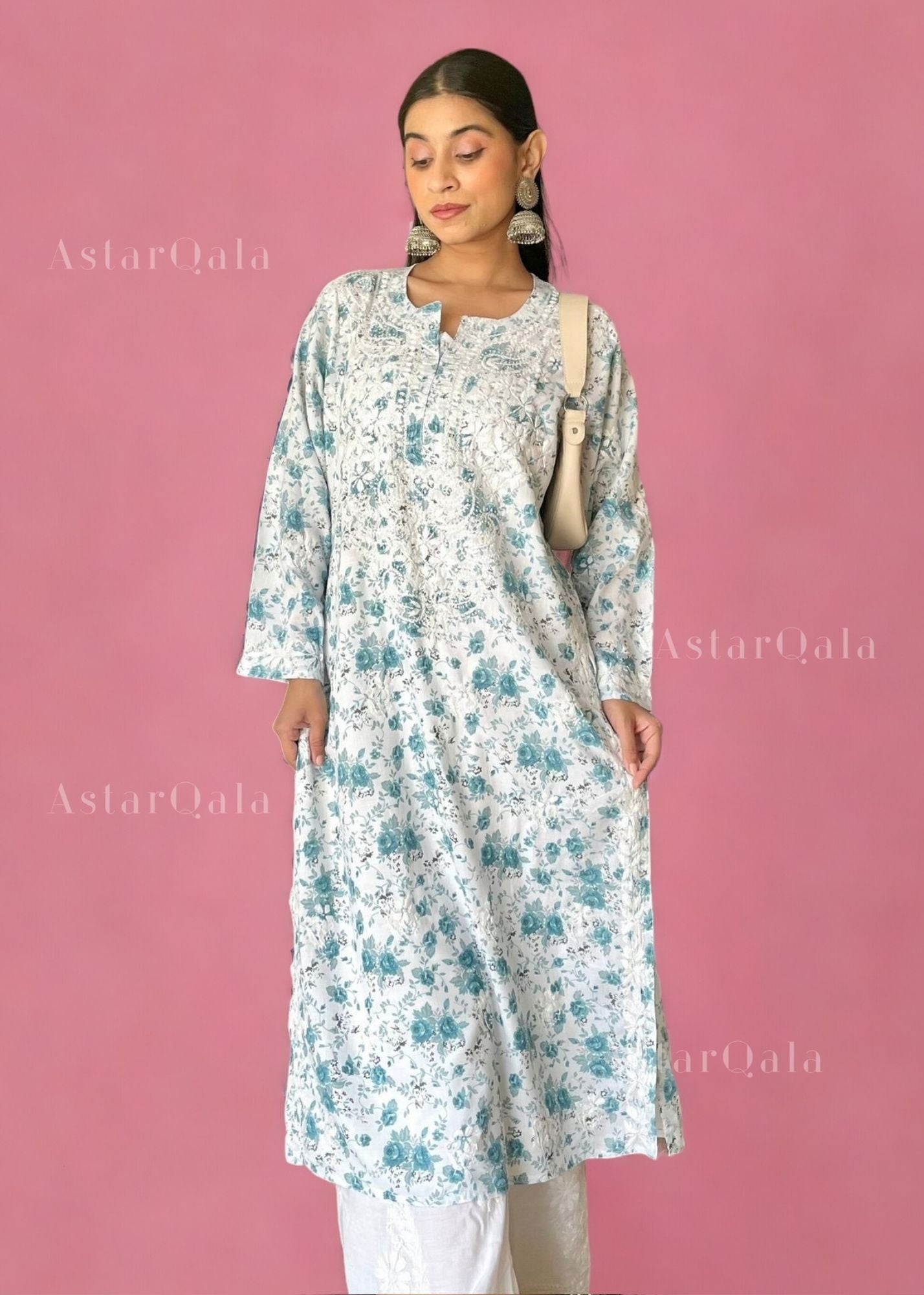 Zoya Mulmul Chikankari Printed Women&#39;s Kurta - Blue