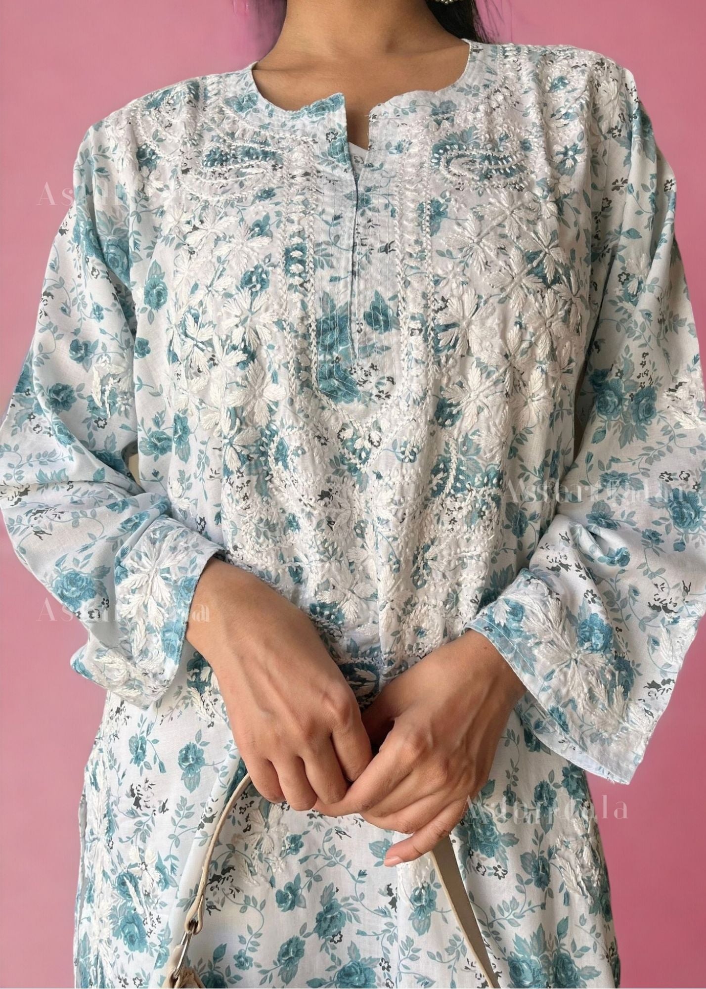 Zoya Mulmul Chikankari Printed Women&#39;s Kurta - Blue