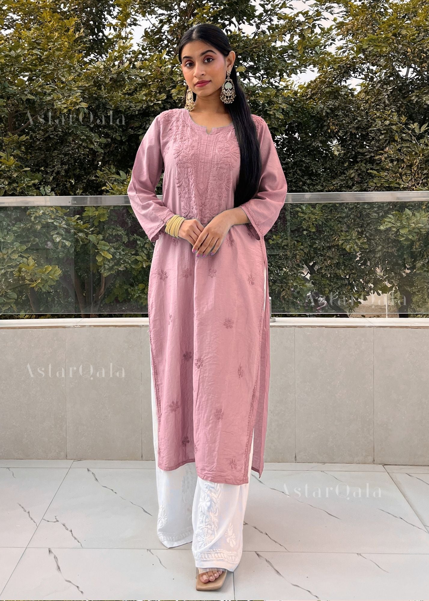 AstarQala - Mehar Chanderi Chikankari Straight Long Kurta For Women - Mauve - 58