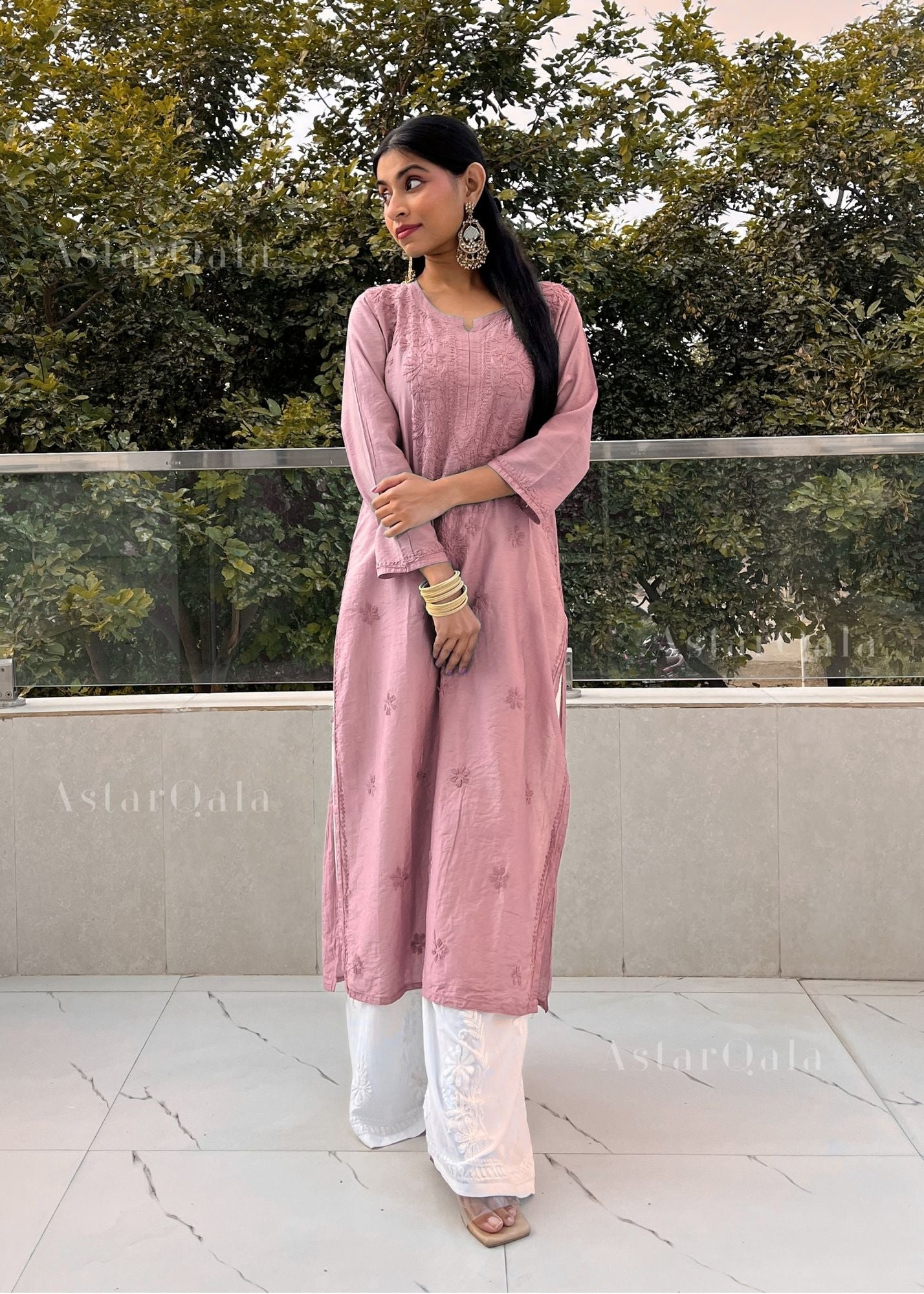 AstarQala - Mehar Chanderi Chikankari Straight Long Kurta For Women - - 59
