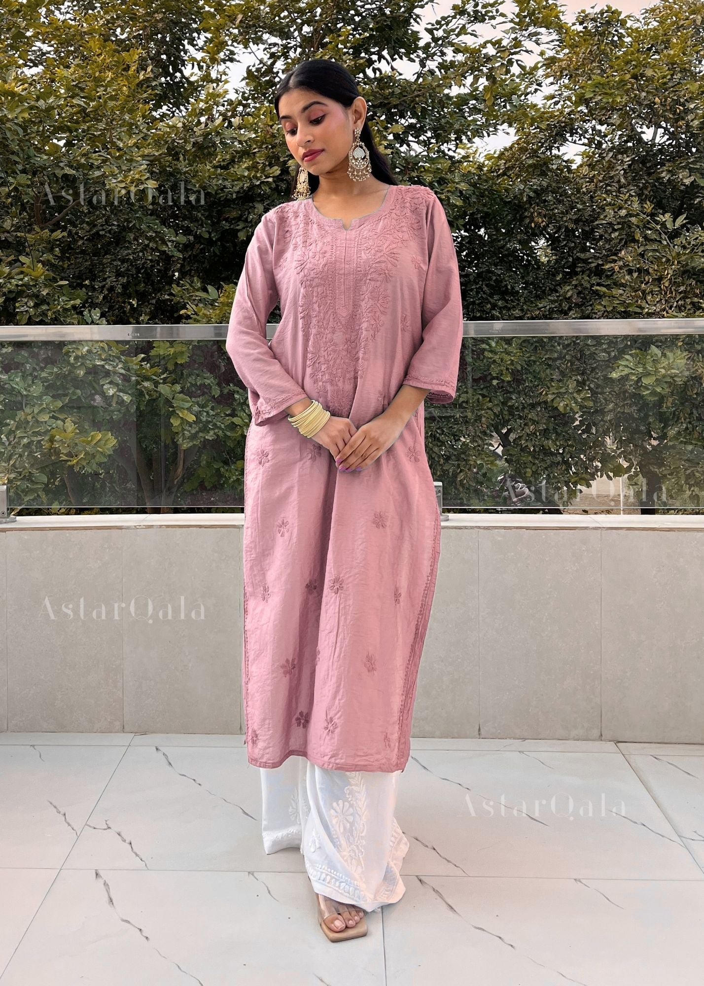 AstarQala - Mehar Chanderi Chikankari Straight Long Kurta For Women - - 60