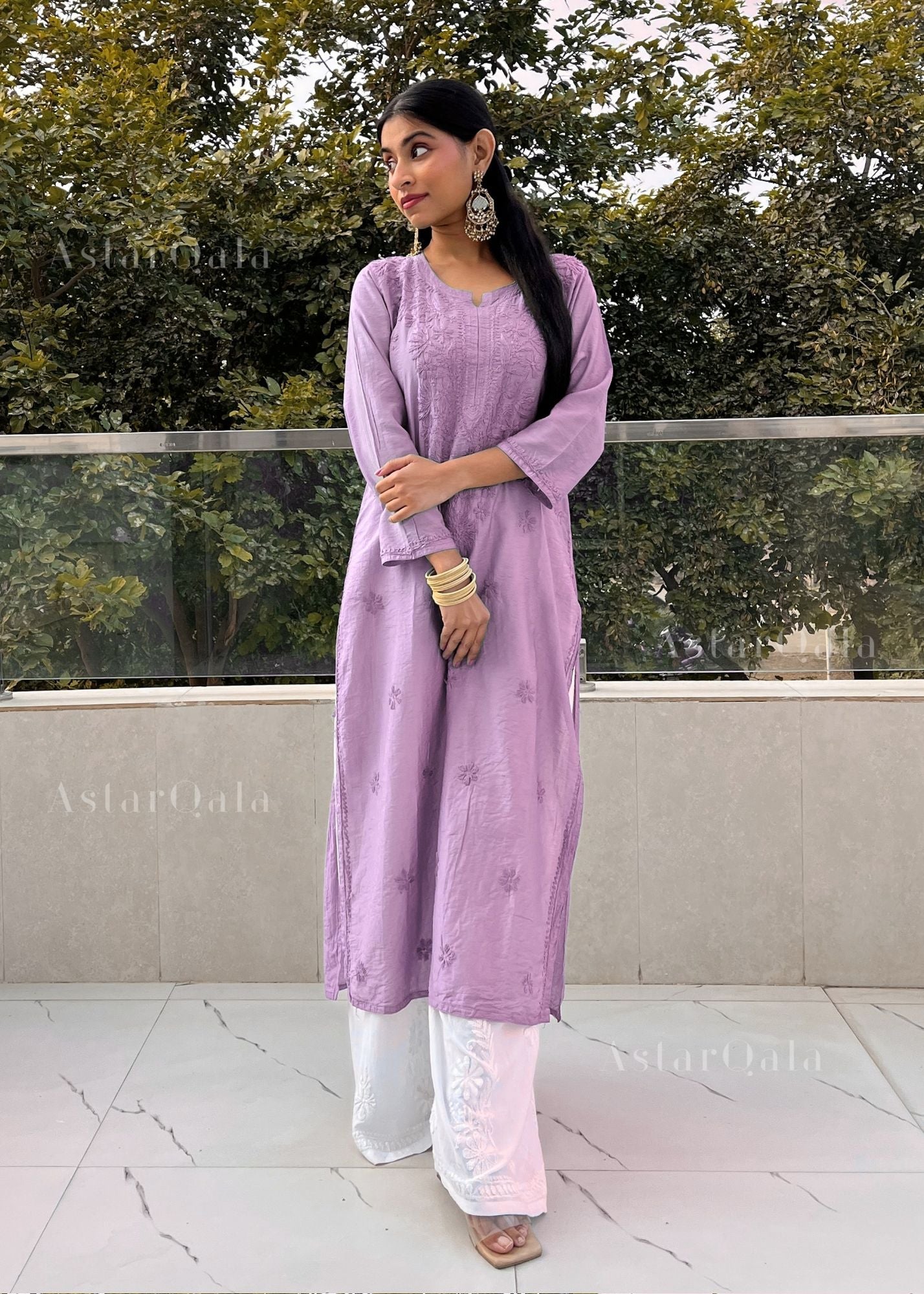 AstarQala - Mehar Chanderi Chikankari Straight Long Kurta For Women - Lavender - 62
