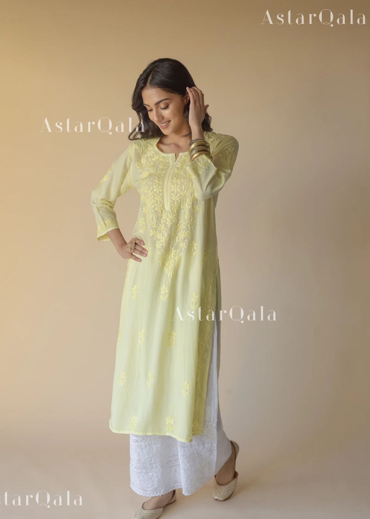 AstarQala - Bahaa Modal Long Chikankari Kurta For Women - Kurta & White Palazzo Set - 75_a63824af-a64b-4165-80b8-dad8dc0700e2