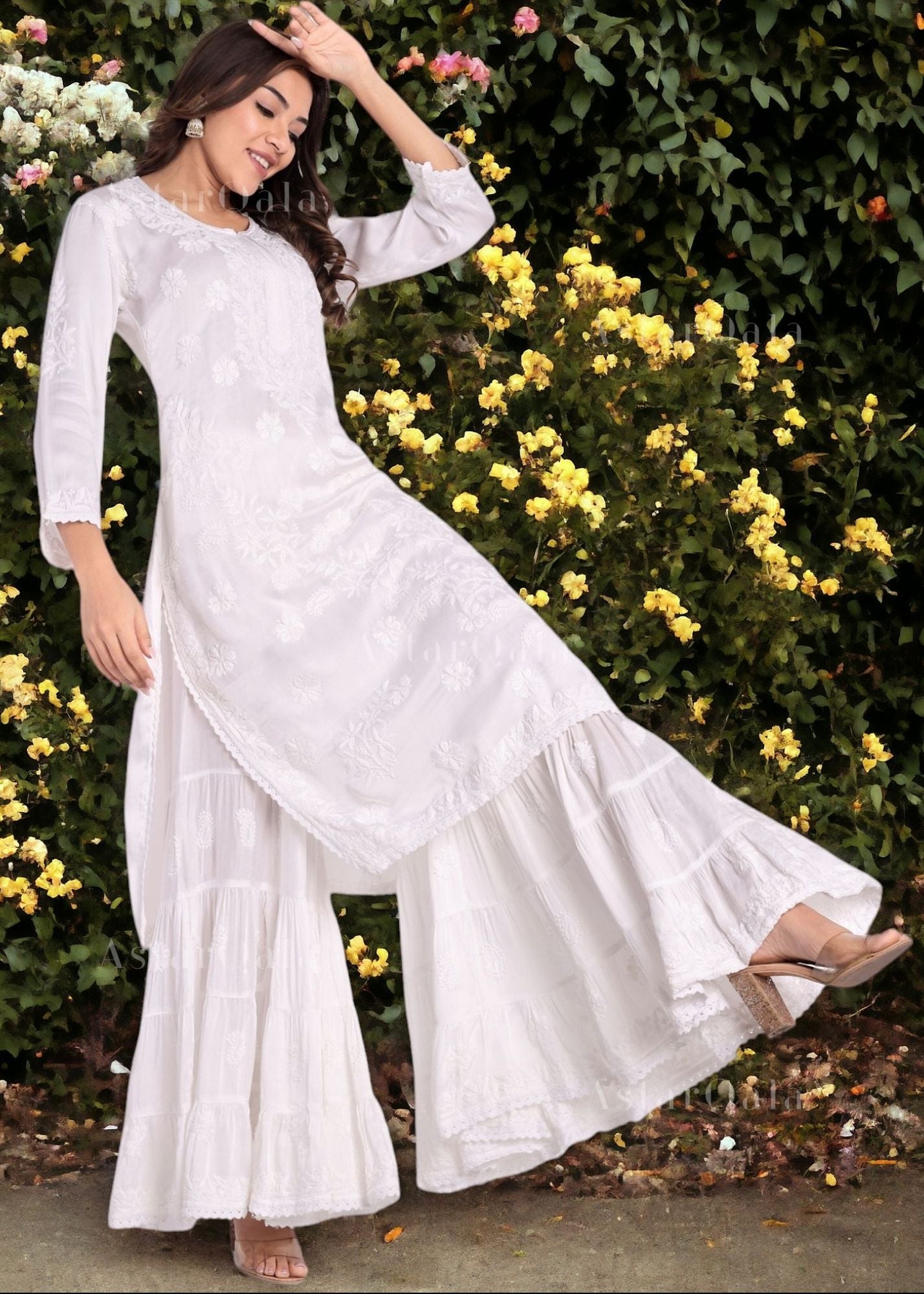 AstarQala - White Silk Modal Three Layer Chikankari Garara Sharara For Women - - 80_086275bc-4274-413c-b113-501b150d3d73
