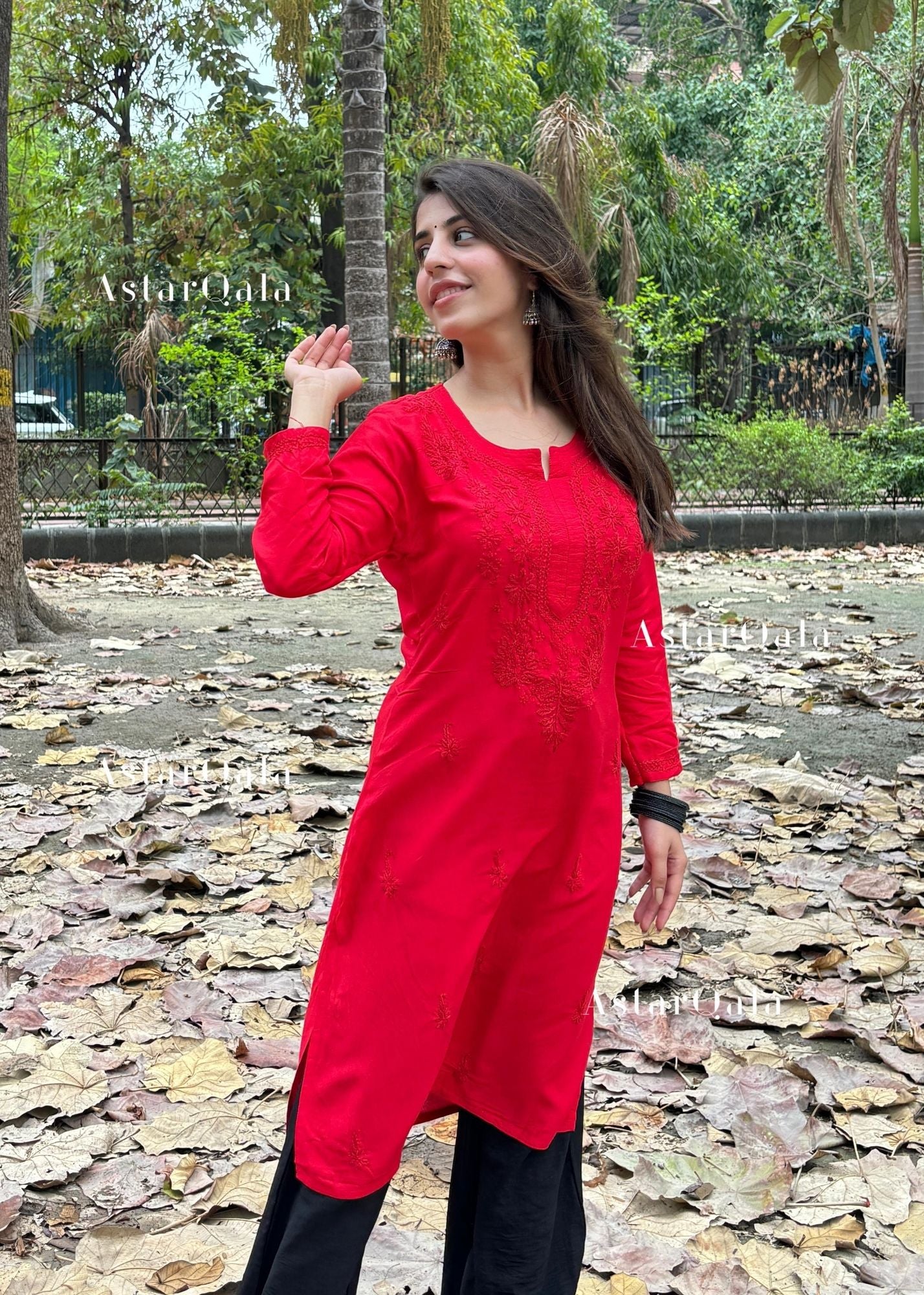 AstarQala - Gazala Rayon Straight Chikankari Kurta For Women - Red - 88