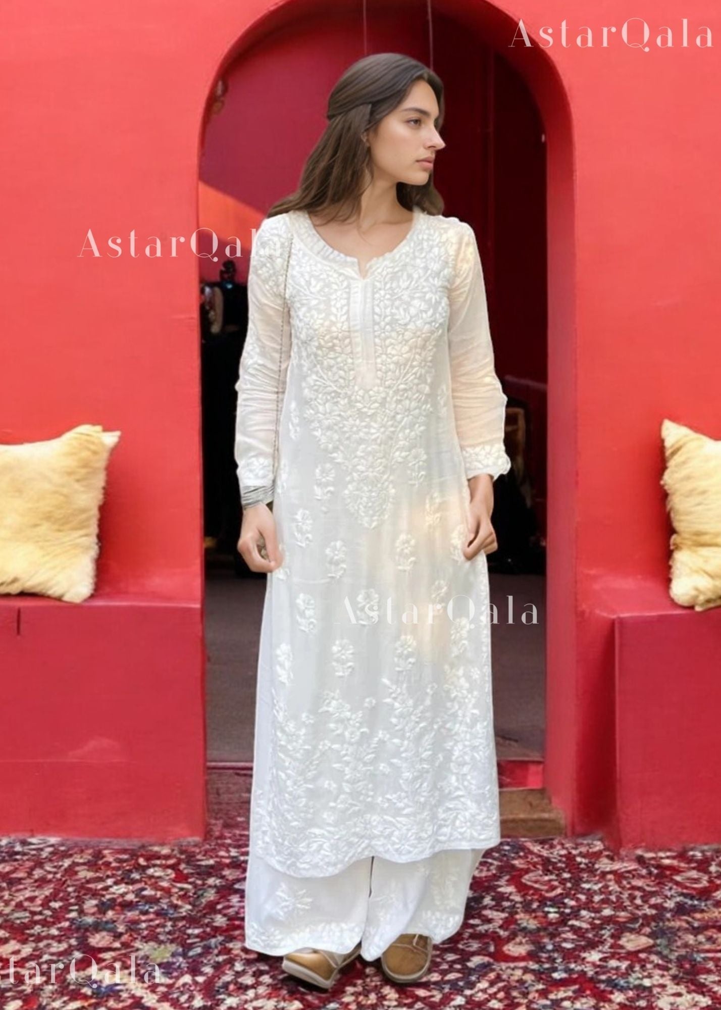 AstarQala - Kashf Modal Long Straight Chikankari Kurta & Kurta Set For Women - White - 90_de5f0939-a066-4e19-8c33-da622b6e5ecf