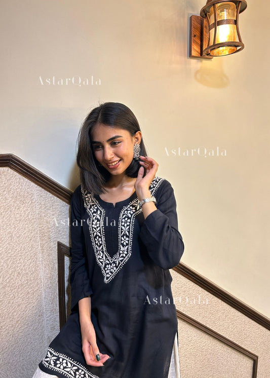 AstarQala - Heer Chikankari Rayon Straight Short Kurta Top - Black - AstarQala_-_Heer_Chikankari_Rayon_Straight_Short_Kurta_Top_-_Black_1