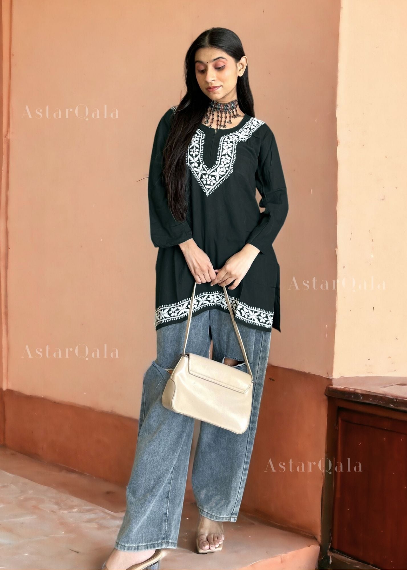 AstarQala - Heer Chikankari Rayon Straight Short Kurta Top - - AstarQala_-_Heer_Chikankari_Rayon_Straight_Short_Kurta_Top_-_Black_4