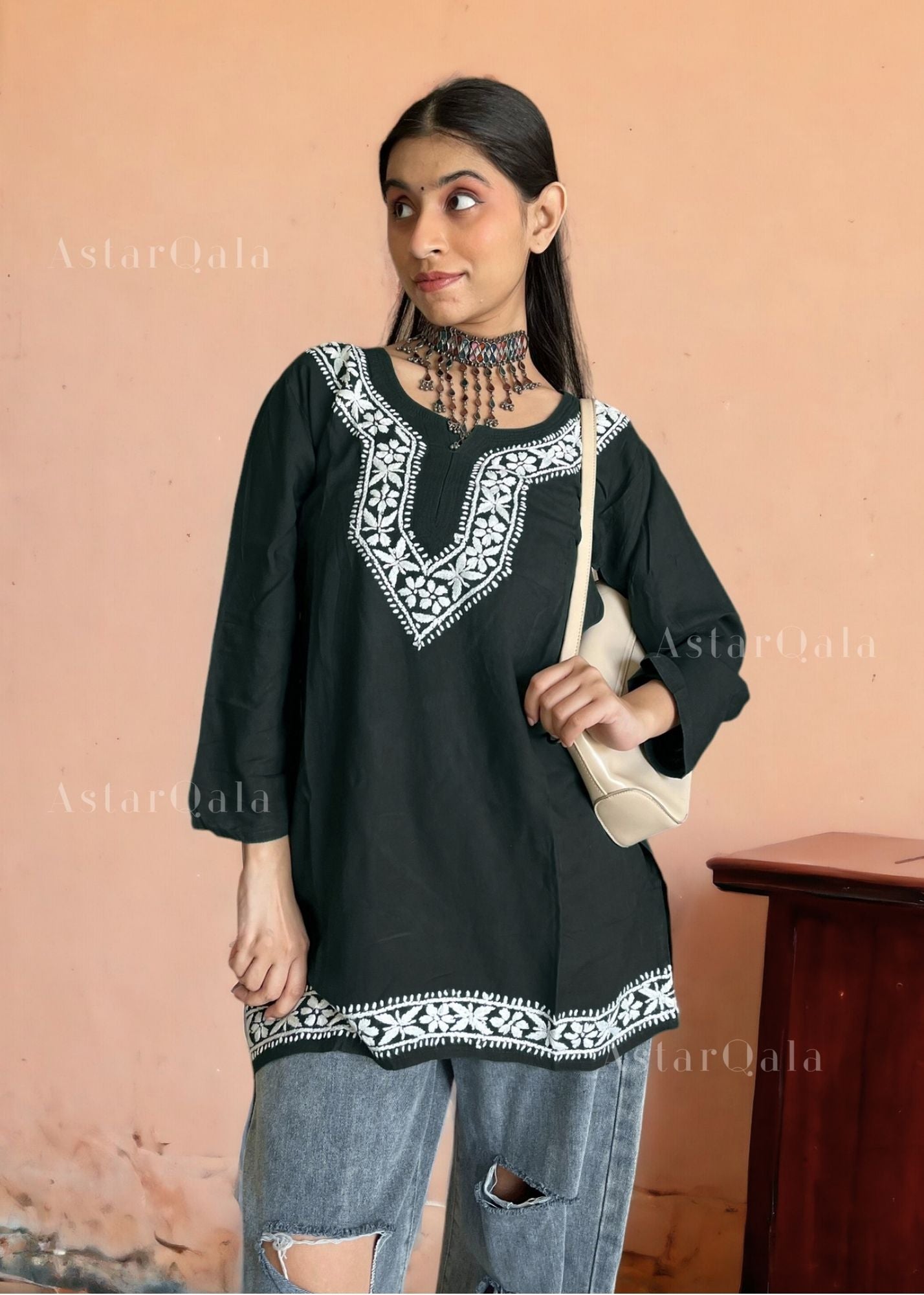 AstarQala - Heer Chikankari Rayon Straight Short Kurta Top - - AstarQala_-_Heer_Chikankari_Rayon_Straight_Short_Kurta_Top_-_Black_5