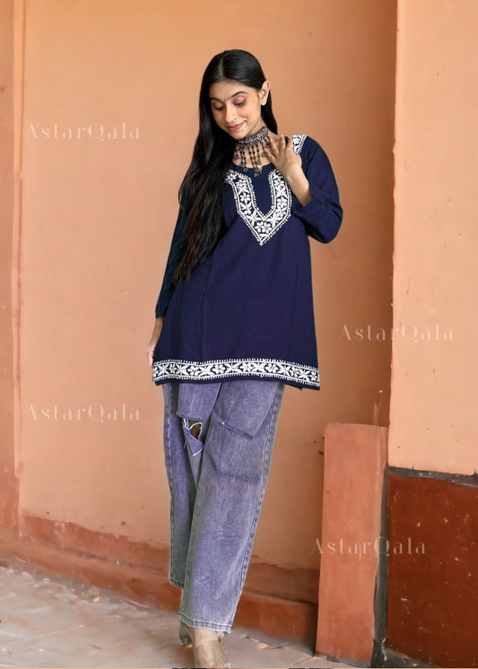 AstarQala - Heer Chikankari Rayon Straight Short Kurta Top - - AstarQala_-_Heer_Chikankari_Rayon_Straight_Short_Kurta_Top_-_Blue_3