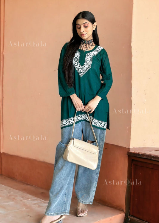AstarQala - Heer Chikankari Rayon Straight Short Kurta Top - Green - AstarQala_-_Heer_Chikankari_Rayon_Straight_Short_Kurta_Top_-_Green_1