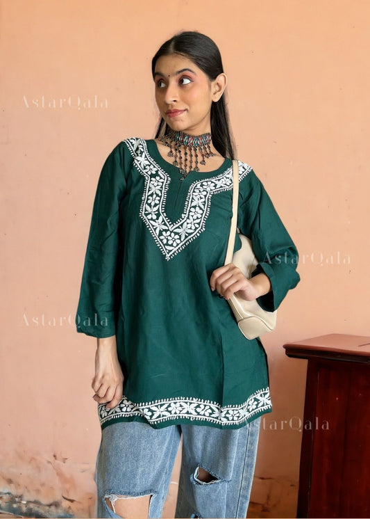 AstarQala - Heer Chikankari Rayon Straight Short Kurta Top - - AstarQala_-_Heer_Chikankari_Rayon_Straight_Short_Kurta_Top_-_Green_2