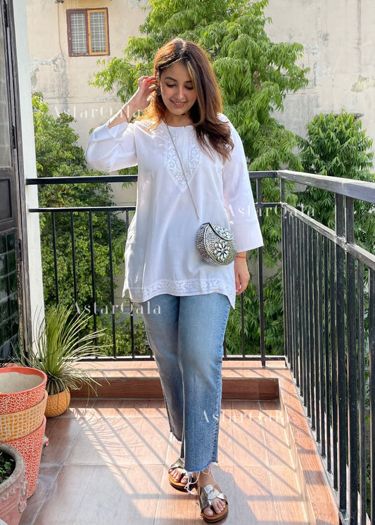 AstarQala - Heer Chikankari Rayon Straight Short Kurta Top - White - AstarQala_-_Heer_Chikankari_Rayon_Straight_Short_Kurta_Top_-_White_1