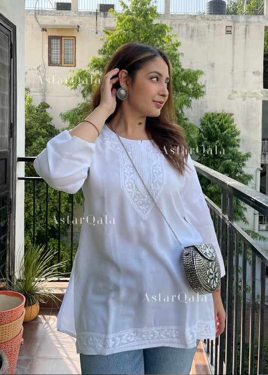 AstarQala - Heer Chikankari Rayon Straight Short Kurta Top - - AstarQala_-_Heer_Chikankari_Rayon_Straight_Short_Kurta_Top_-_White_2