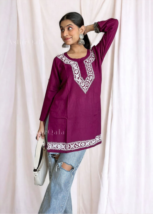 AstarQala - Heer Chikankari Rayon Straight Short Kurta Top - - AstarQala_-_Heer_Chikankari_Rayon_Straight_Short_Kurta_Top_-_Wine_2