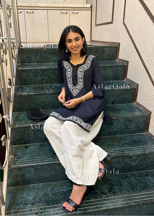 AstarQala - Heer Chikankari Rayon Straight Short Kurta Top - - AstarQala_-_Heer_Chikankari_Rayon_Straight_Short_Kurta_Top_Black_2