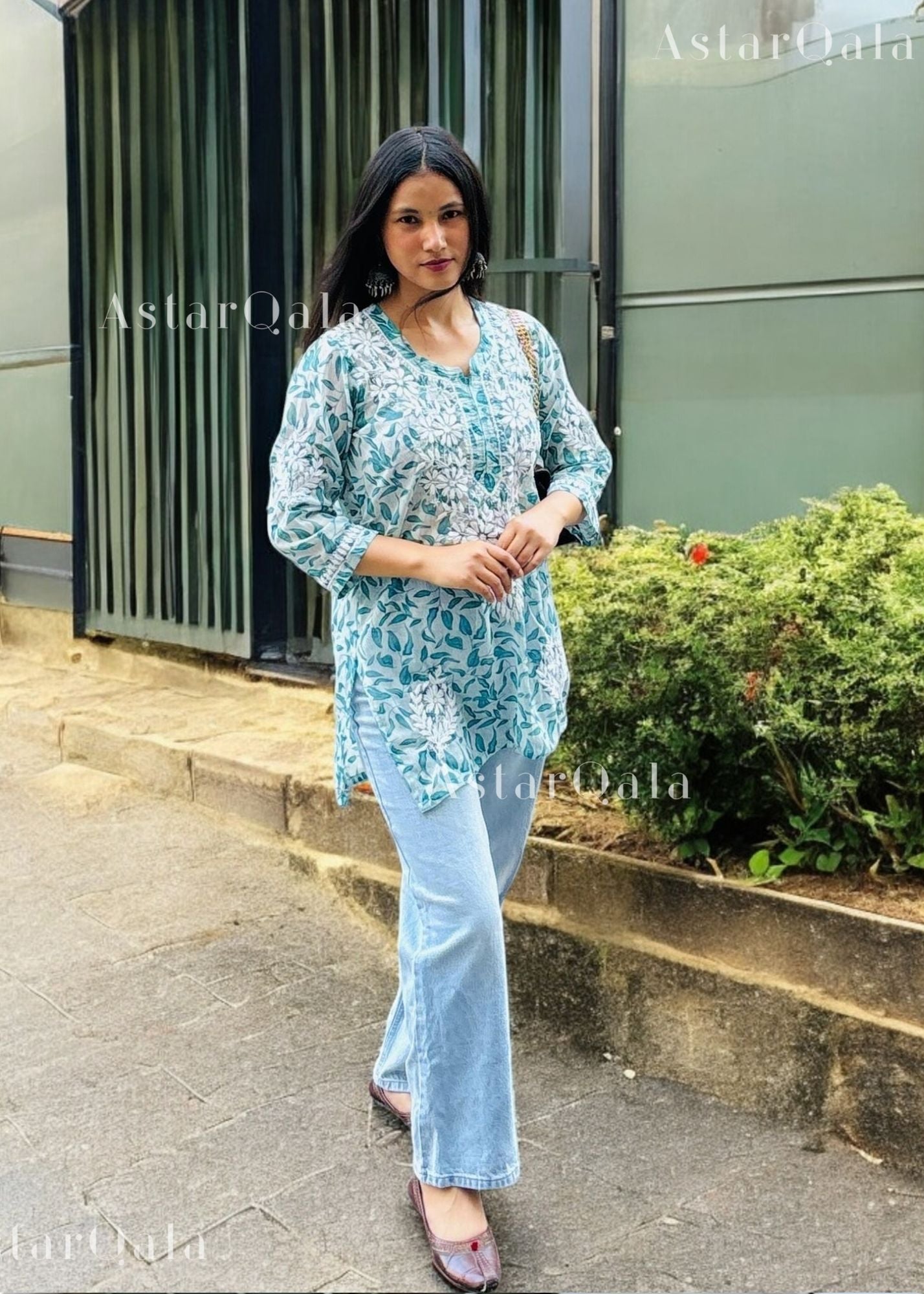AstarQala - Iza Straight Chiffon Chikankari Printed Short Kurta Top For Women - - AstarQala_-_Iza_Straight_Chiffon_Chikankari_Printed_Short_Kurta_Top_For_Women_-_Green_6