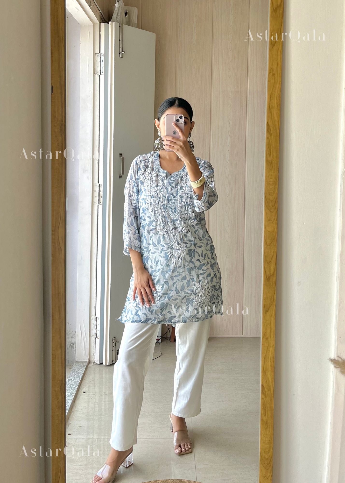 AstarQala - Iza Straight Chiffon Chikankari Printed Short Kurta Top For Women - 3XL - AstarQala_-_Iza_Straight_Chiffon_Chikankari_Printed_Short_Kurta_Top_For_Women_-_Grey_1