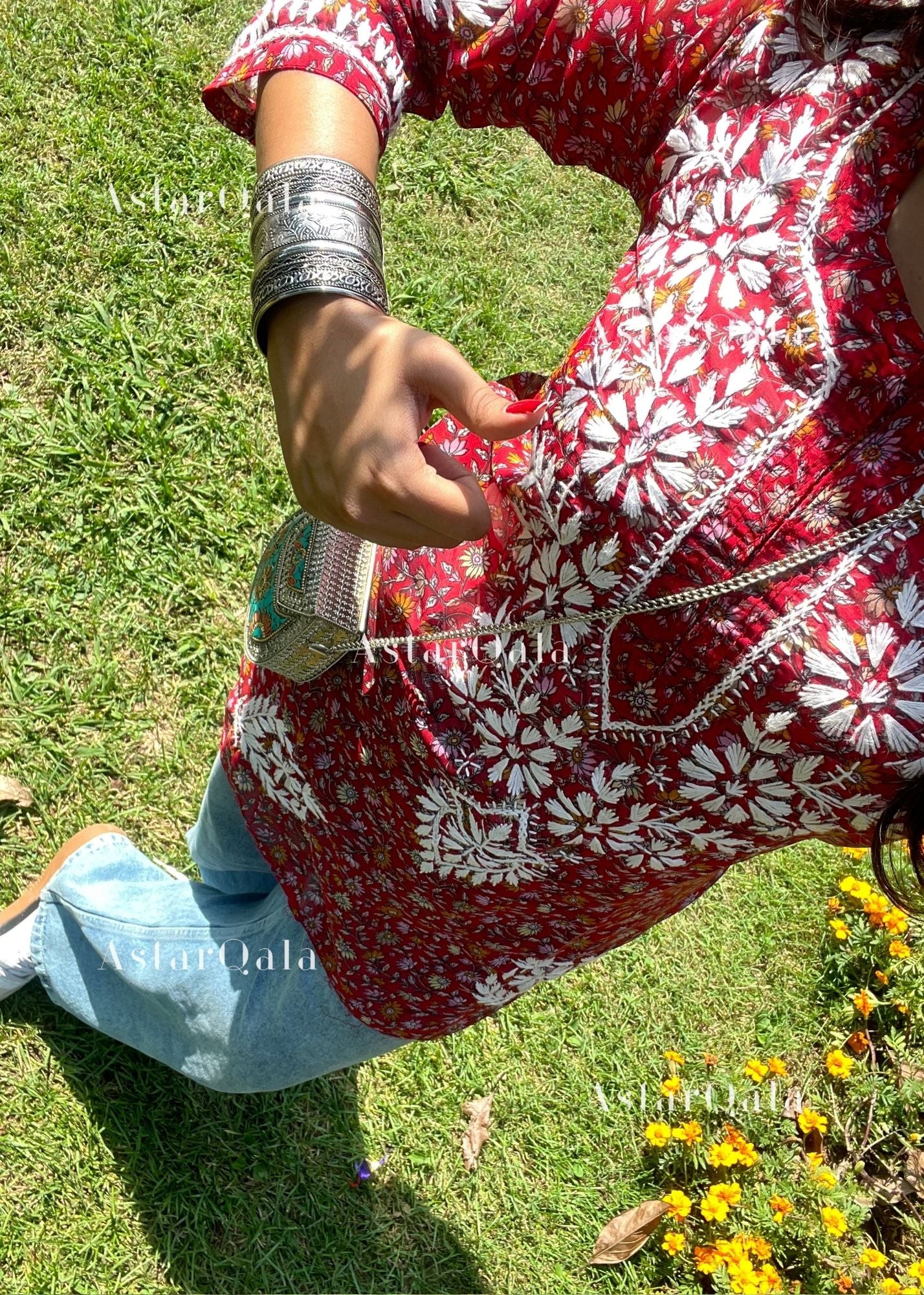 AstarQala - Iza Straight Chiffon Chikankari Printed Short Kurta Top For Women - - AstarQala_-_Iza_Straight_Chiffon_Chikankari_Printed_Short_Kurta_Top_For_Women_-_Maroon_2