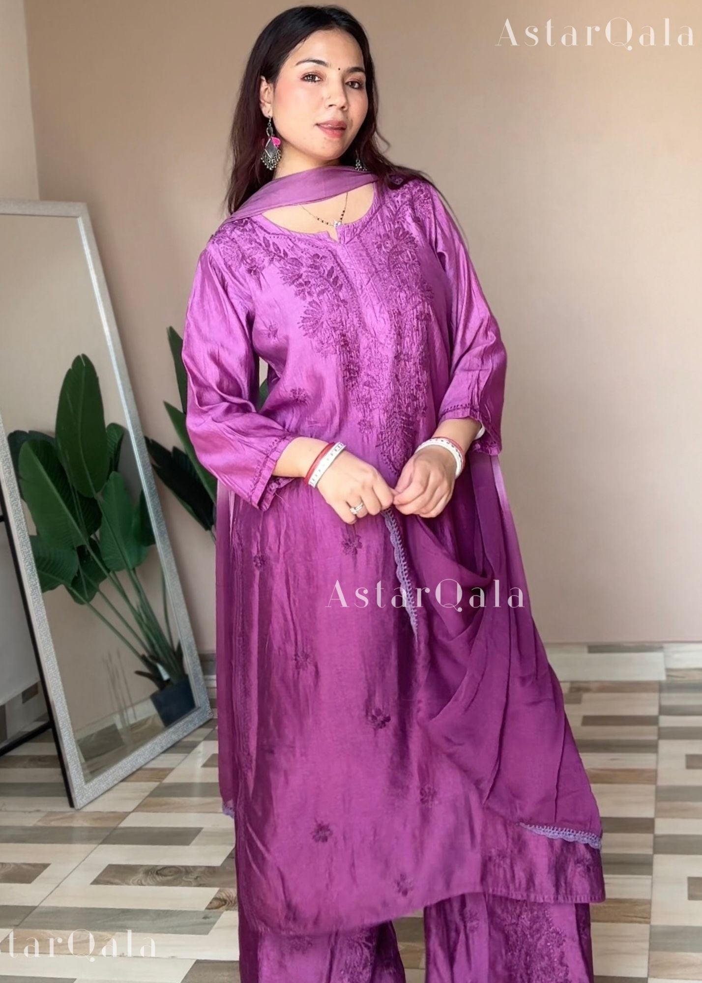 Bahar Premium Chanderi Chikankari Kurta Set For Women - Ombre Wine