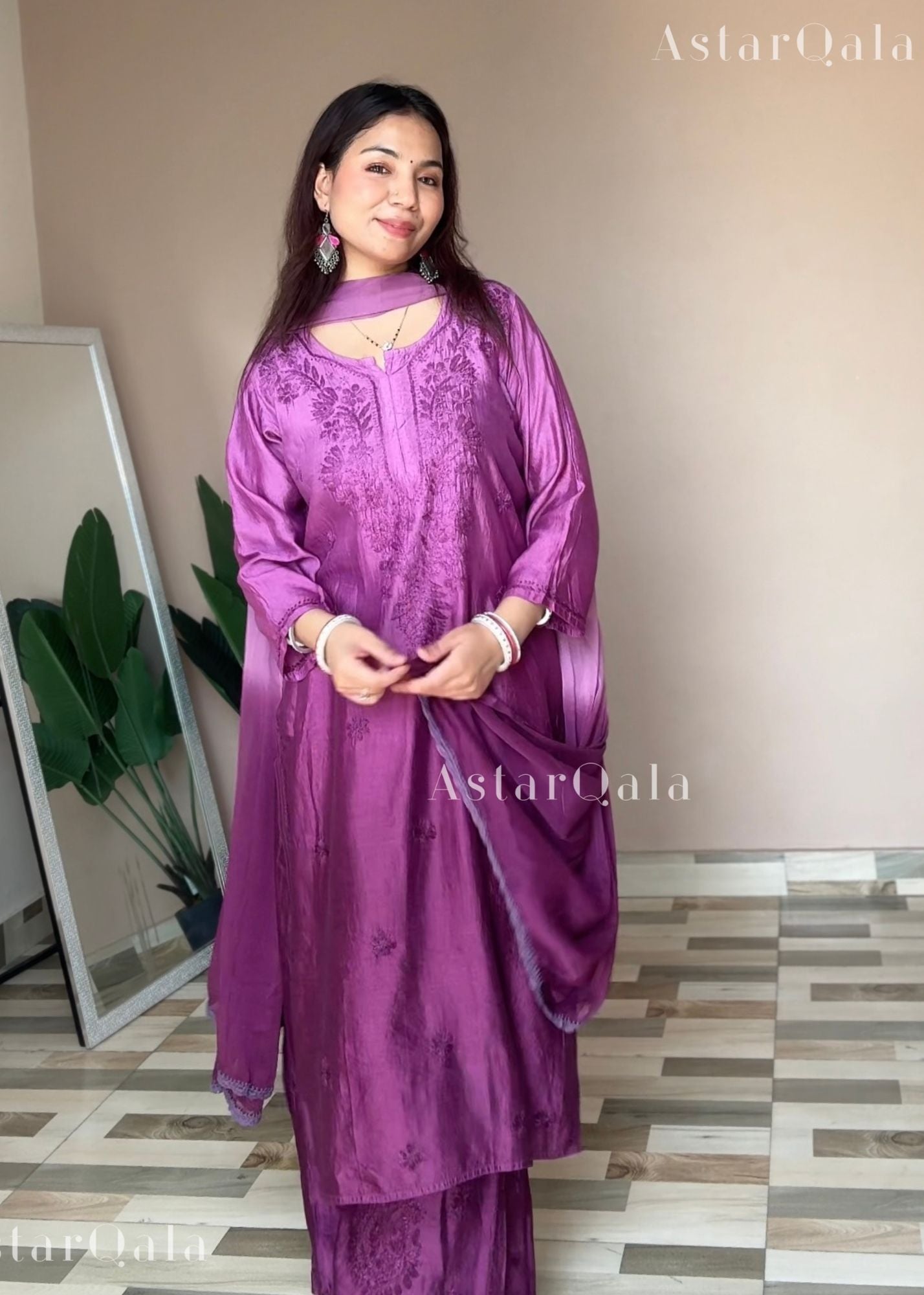 Bahar Premium Chanderi Chikankari Kurta Set For Women - Ombre Wine