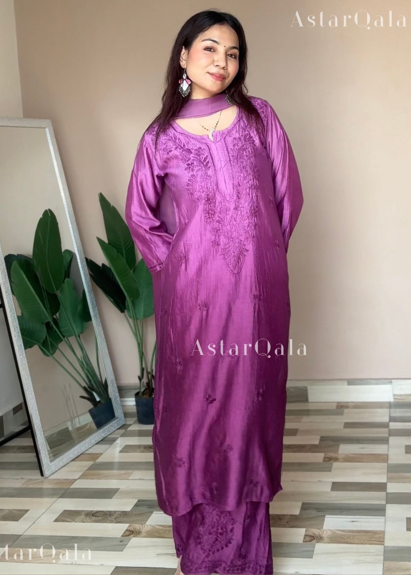 Bahar Premium Chanderi Chikankari Kurta Set For Women - Ombre Wine