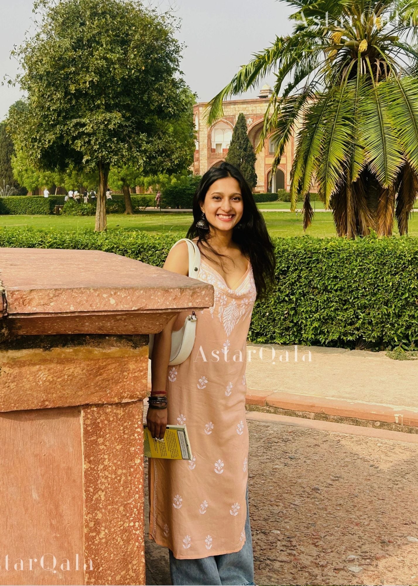 Bushra Rayon Chikankari Sleeveless Long Strap Kurti - Peach