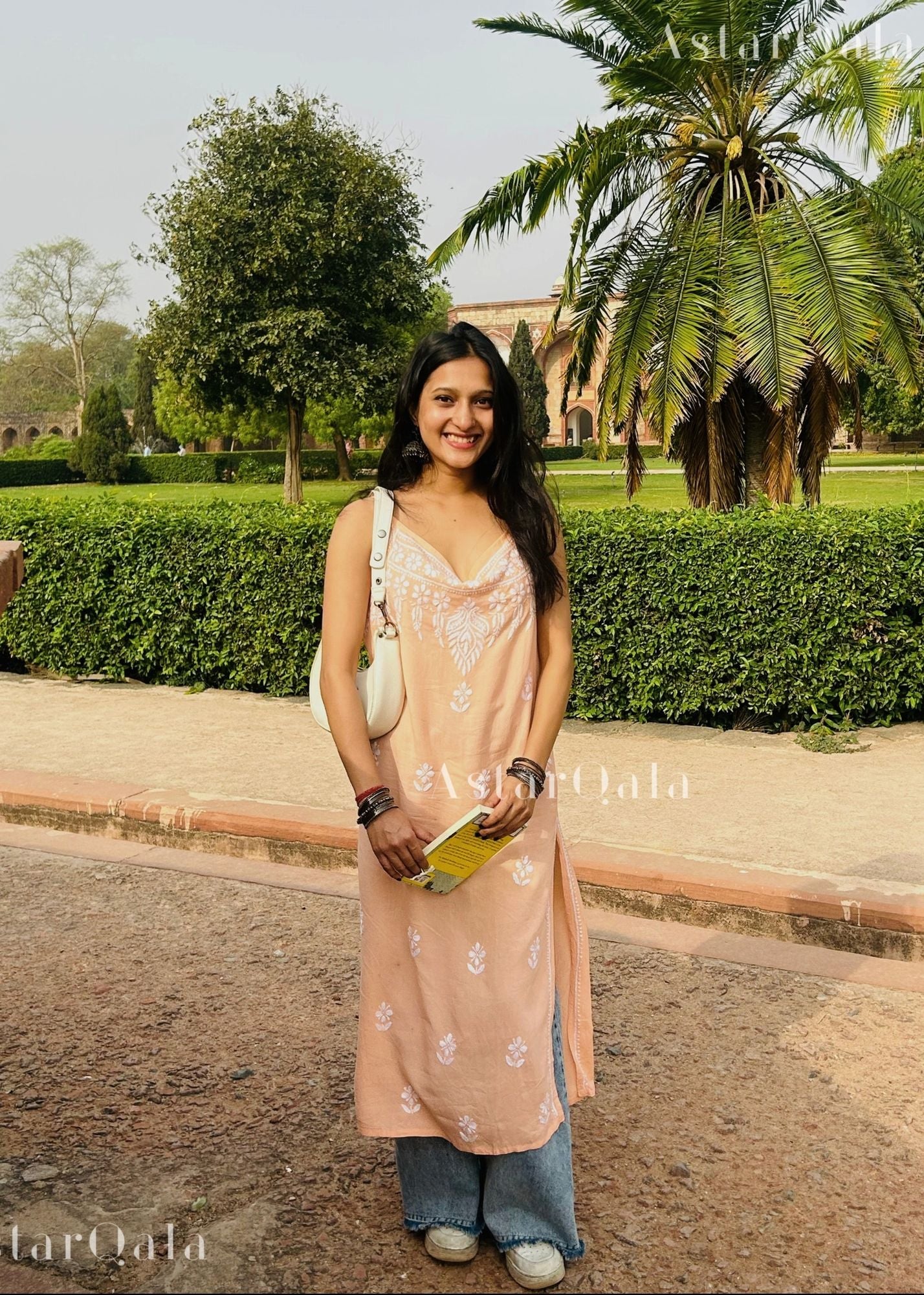Bushra Rayon Chikankari Sleeveless Long Strap Kurti - Peach