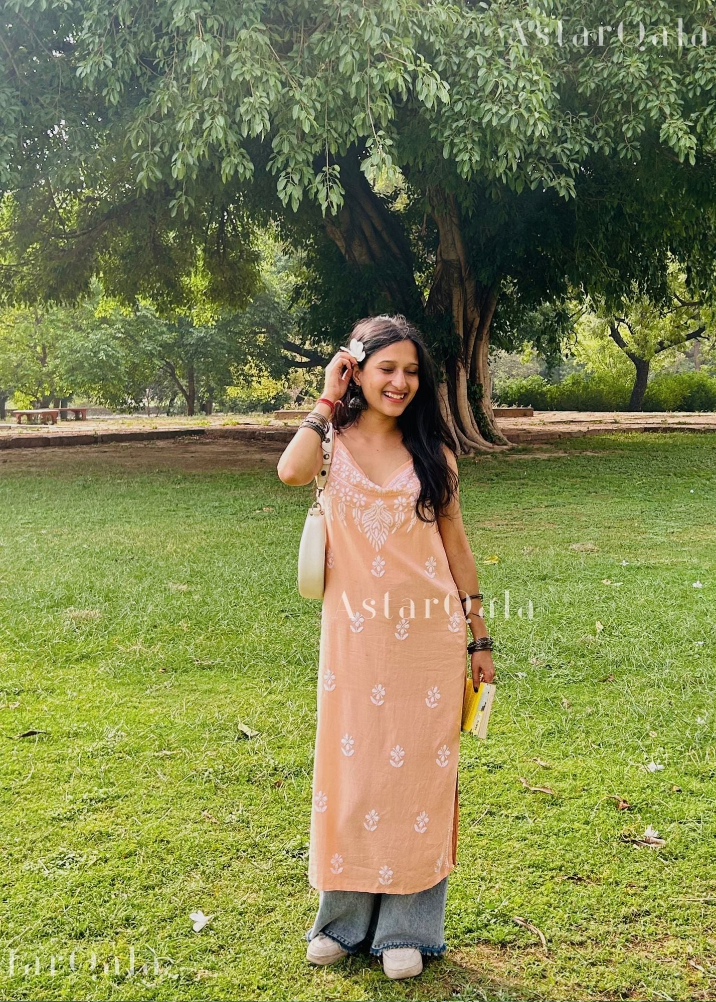 Bushra Rayon Chikankari Sleeveless Long Strap Kurti - Peach