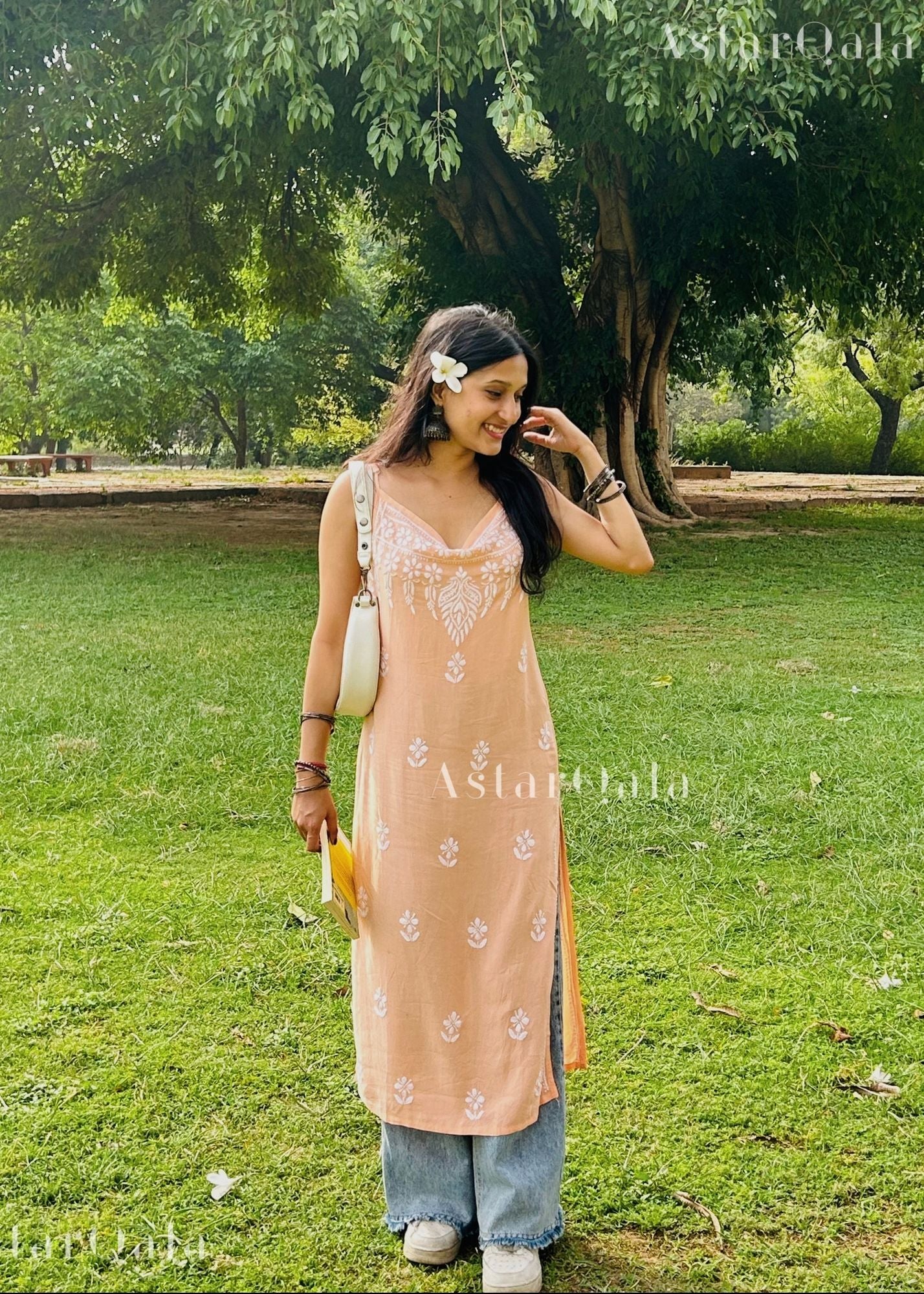 Bushra Rayon Chikankari Sleeveless Long Strap Kurti - Peach