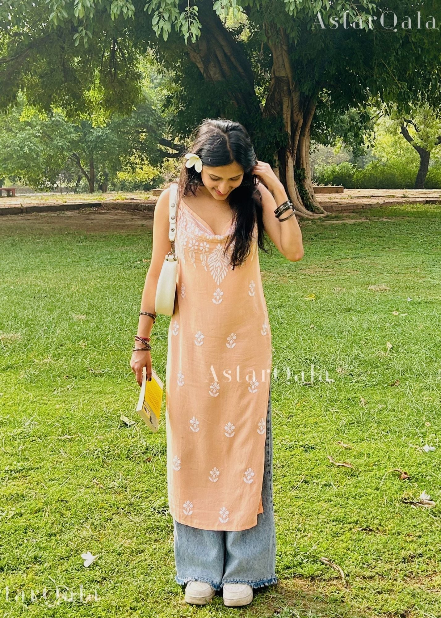 Bushra Rayon Chikankari Sleeveless Long Strap Kurti - Peach