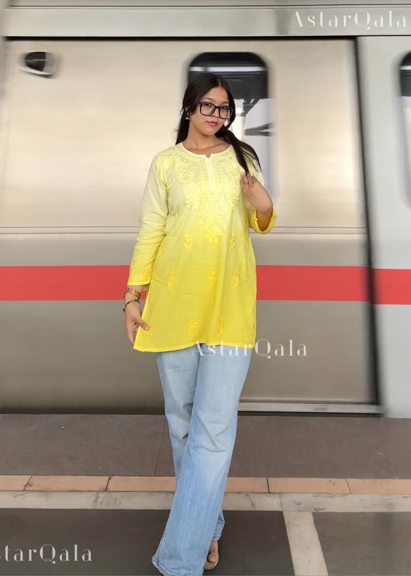 Eliza Mul Cotton Chikankari Short Kurti Top - Ombre Yellow