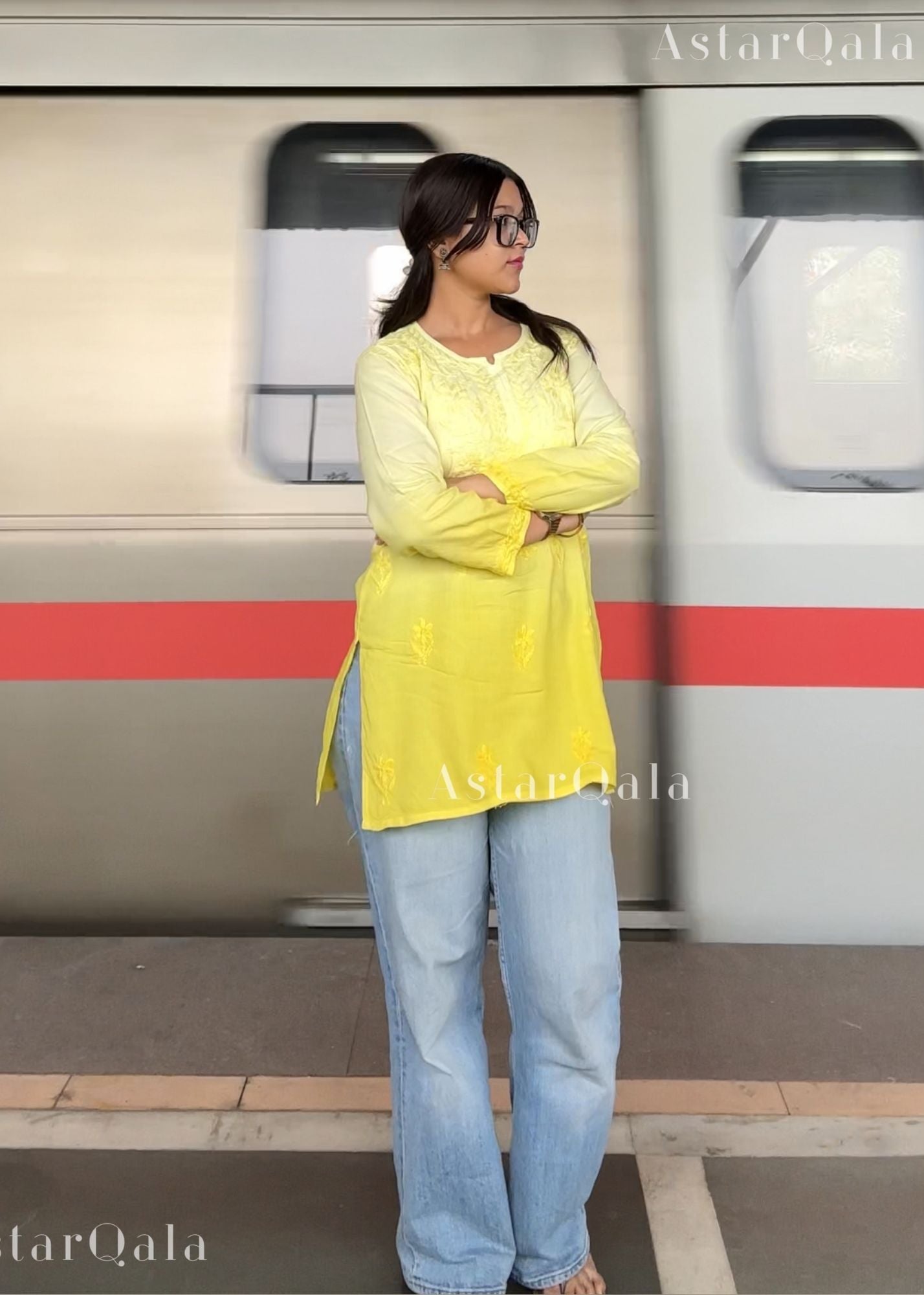 Eliza Mul Cotton Chikankari Short Kurti Top - Ombre Yellow