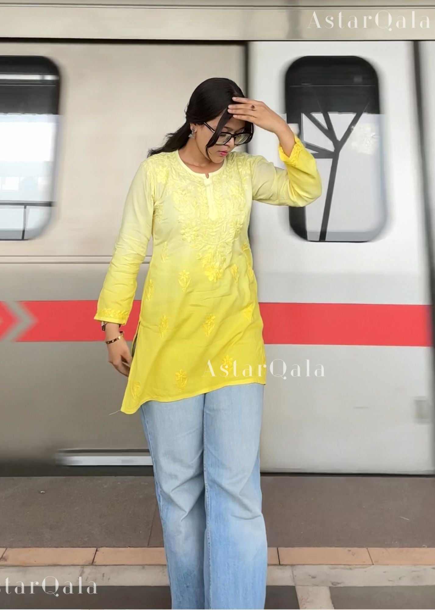 Eliza Mul Cotton Chikankari Short Kurti Top - Ombre Yellow
