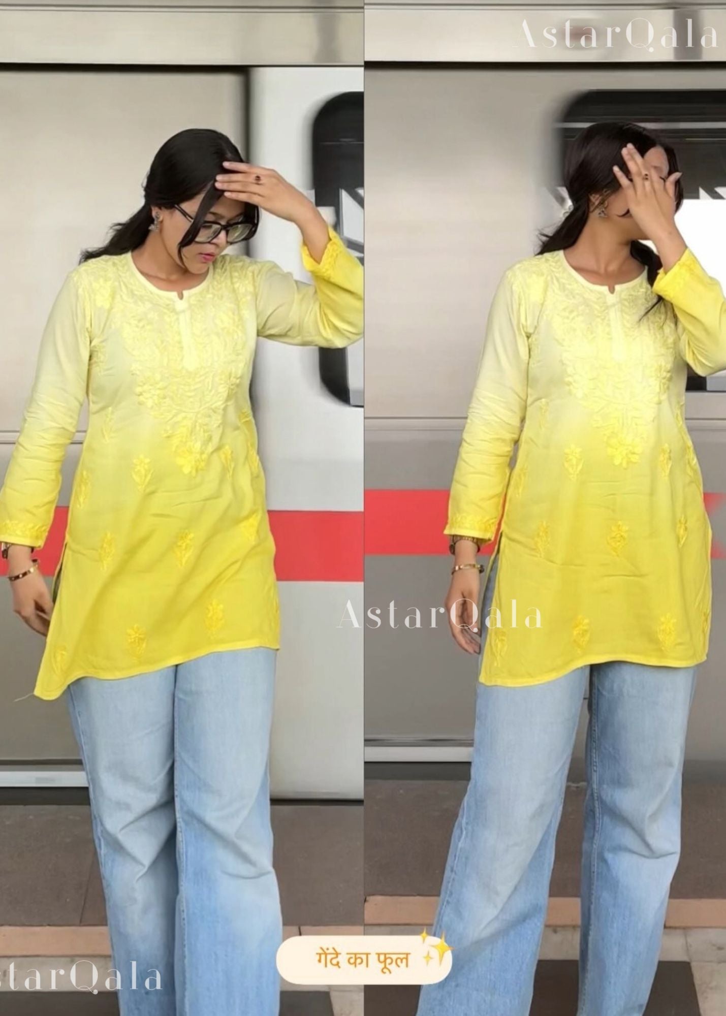 Eliza Mul Cotton Chikankari Short Kurti Top - Ombre Yellow