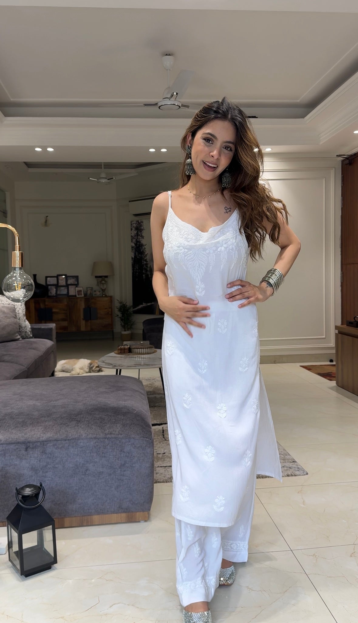 Kinza Premium Muslin Chikankari Long Noodle Strap Sleeveless Kurti