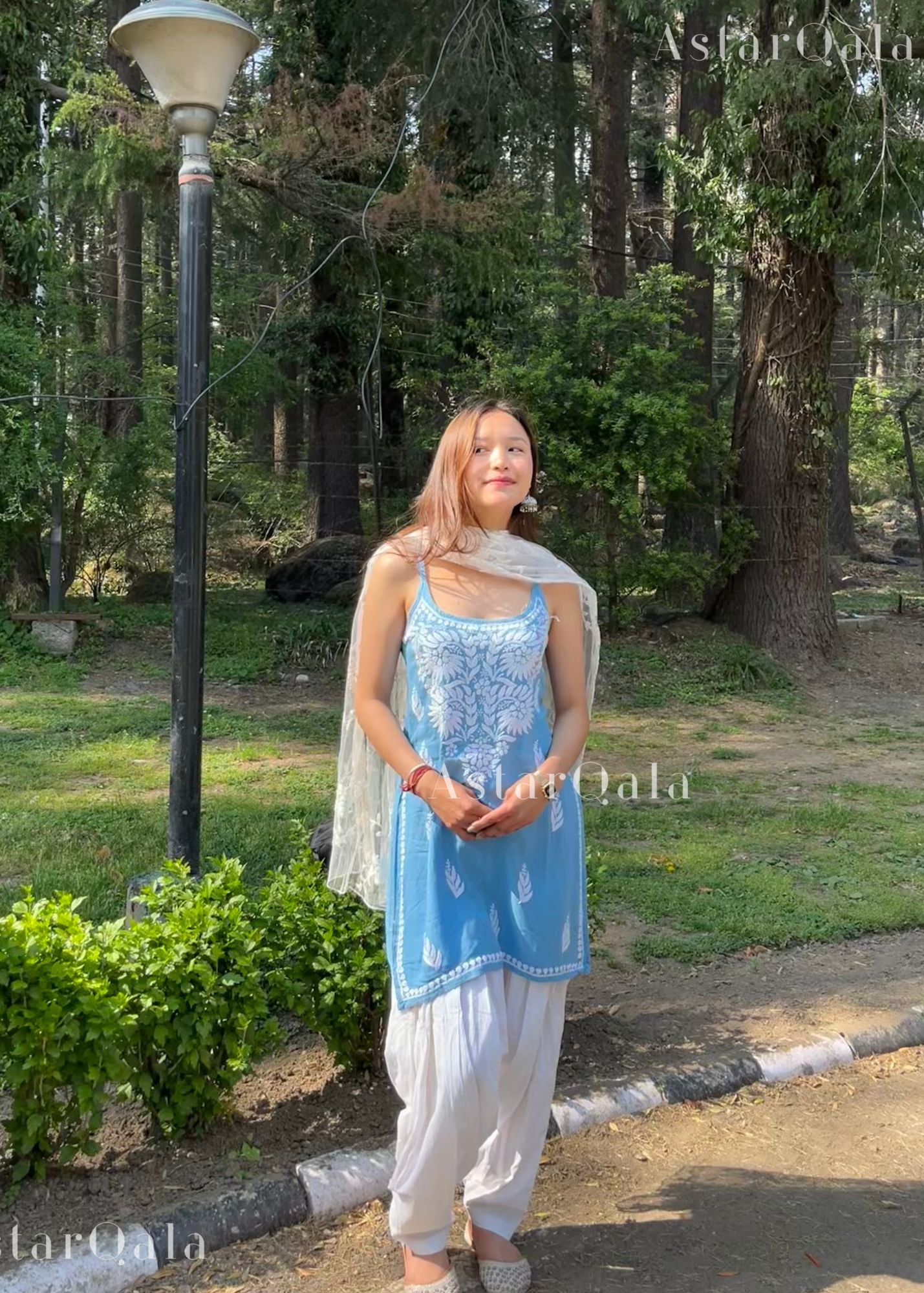 Kaya Strap Long Rayon Chikankari Kurti - Blue