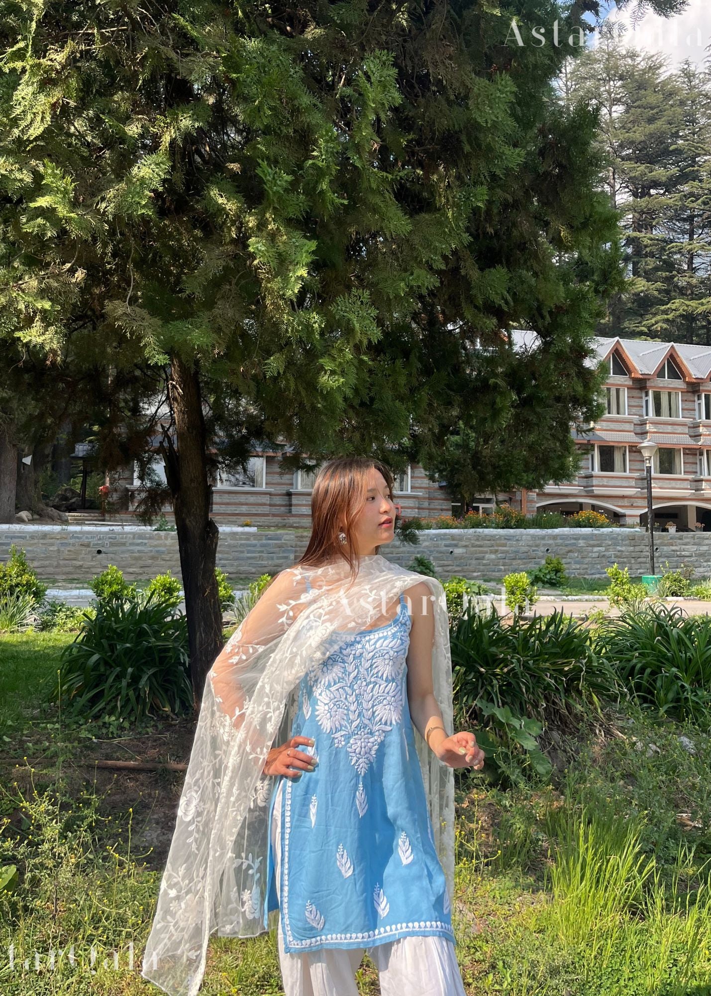 Kaya Strap Long Rayon Chikankari Kurti - Blue