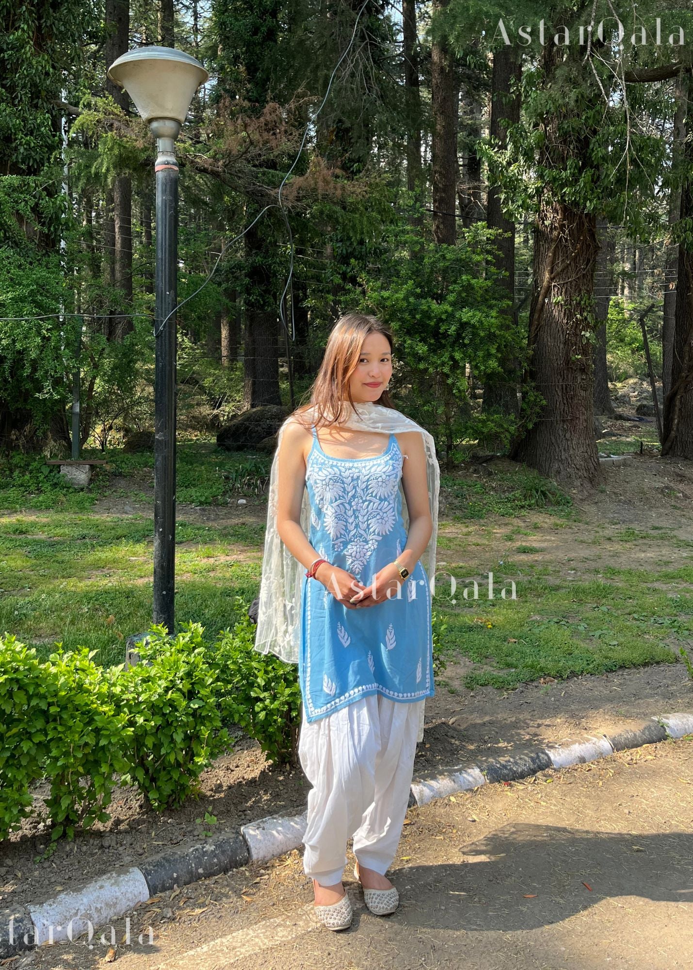 Kaya Strap Long Rayon Chikankari Kurti - Blue