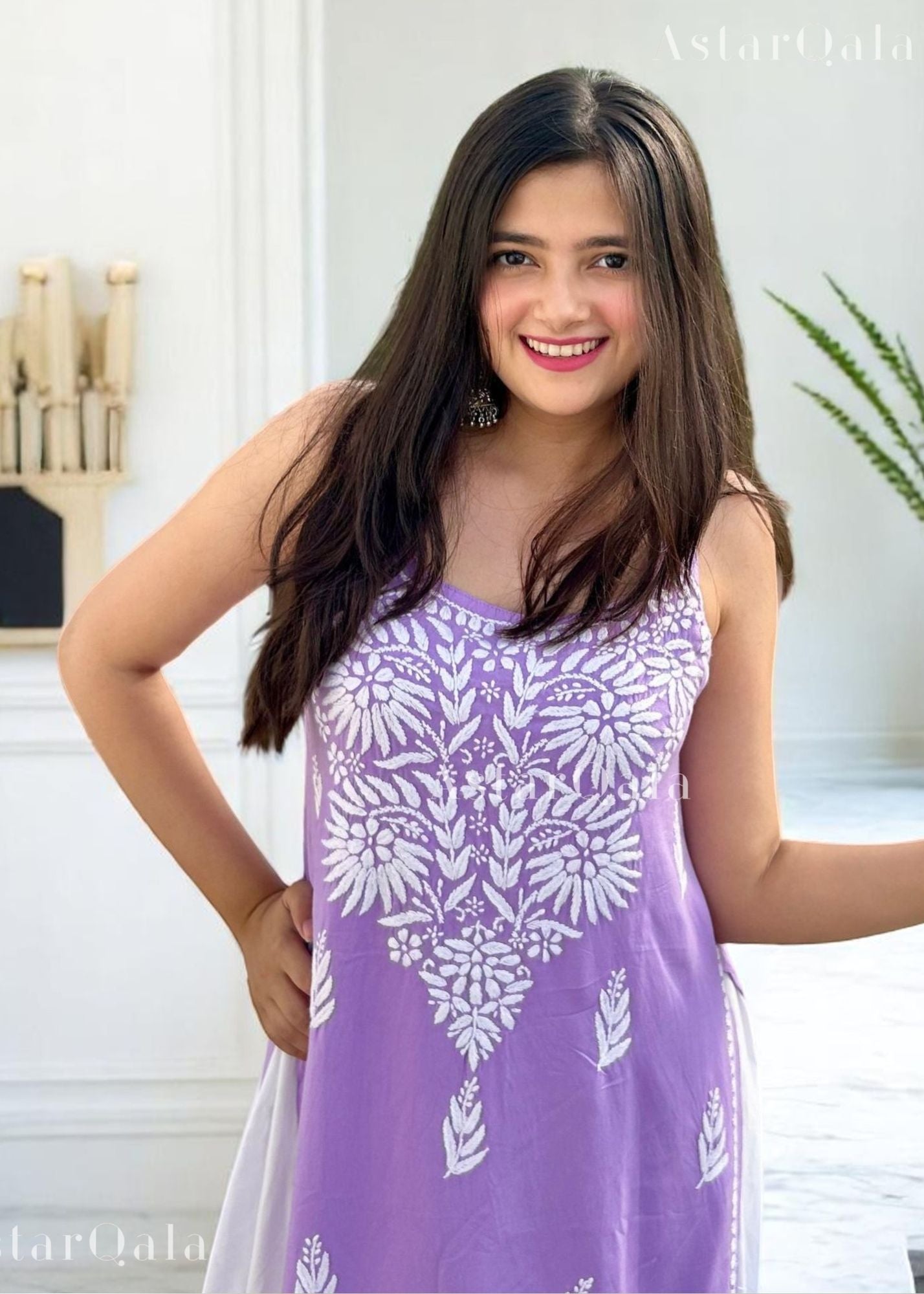 Kaya Strap Long Rayon Chikankari Kurti - Purple