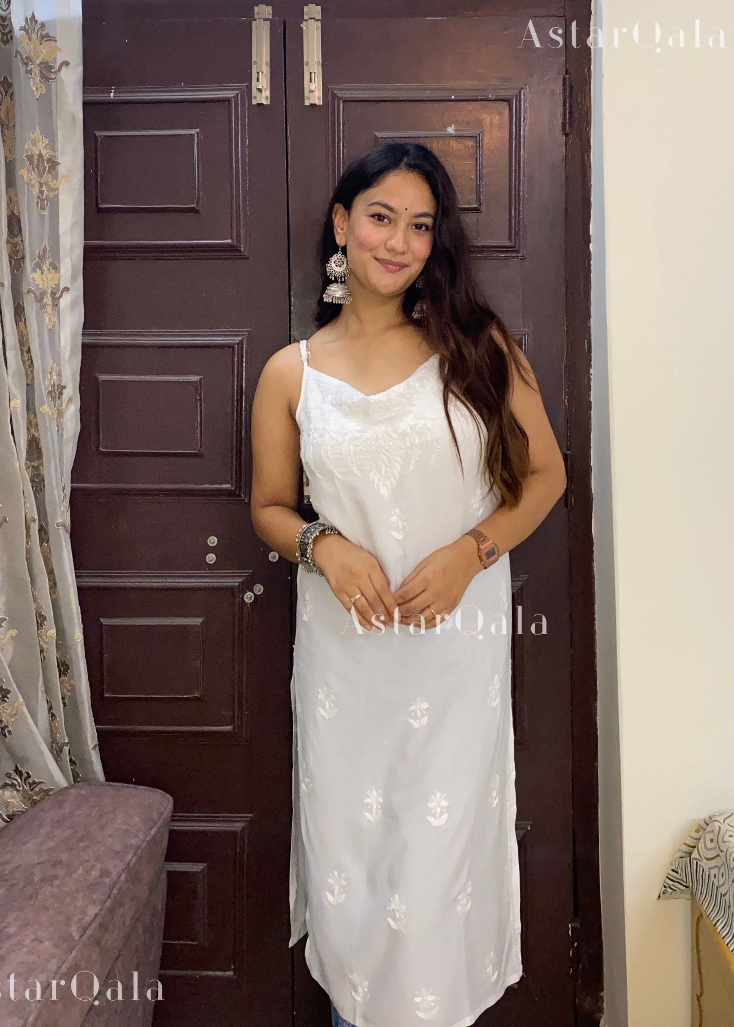 Kinza Premium Muslin Chikankari Strap Kurti - White