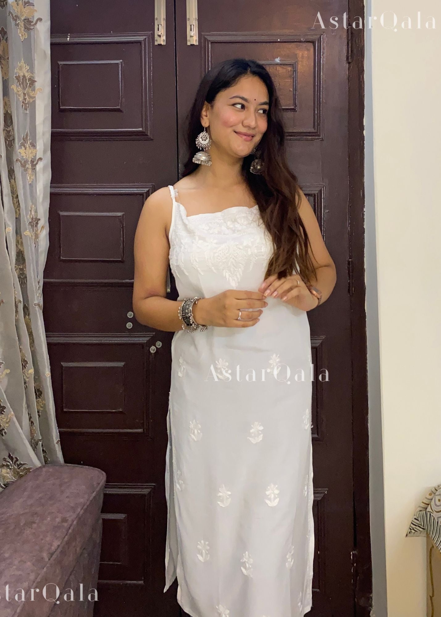 Kinza Premium Muslin Chikankari Strap Kurti - White